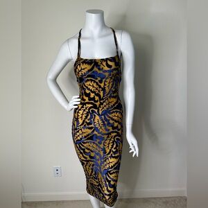 MAGIA BLUE BROWN CRISS CROSS BACK BODYCON MIDI DRESS SZ S NWOT